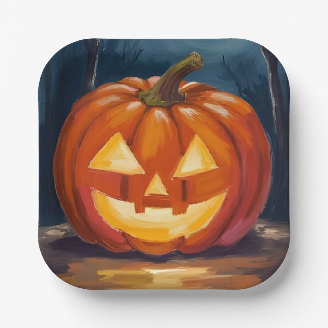 Plato De Papel Calabaza de Jack-O-Lantern de Halloween (Anverso)