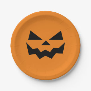 Plato De Papel Calabaza de Jack-o-lantern naranja y negro rostro