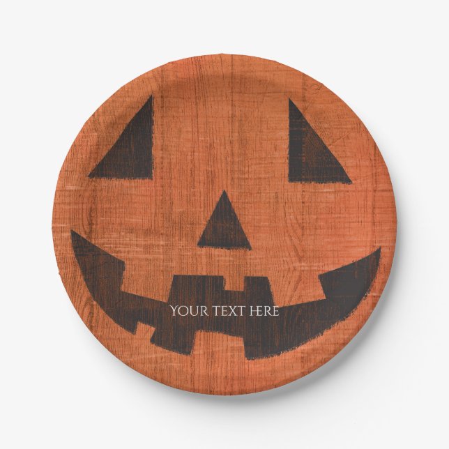 Plato De Papel Calabaza de madera naranja Halloween rústico (Anverso)