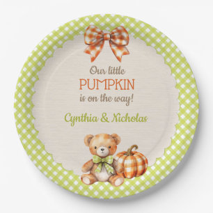 Plato De Papel Calabaza de Oso de Peluche de Cuadros de Otoño