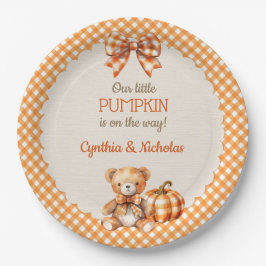Plato De Papel Calabaza de Oso de Peluche de Cuadros de Otoño