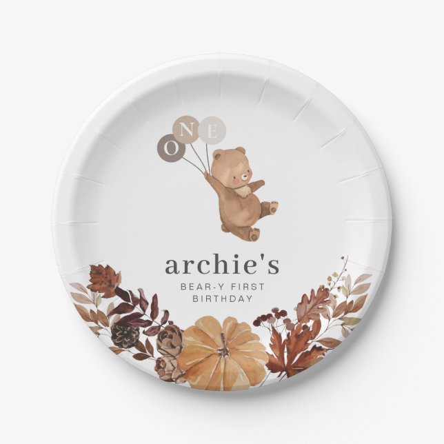 Plato De Papel Calabaza de Oso de Teddy - Primer cumpleaños (Anverso)