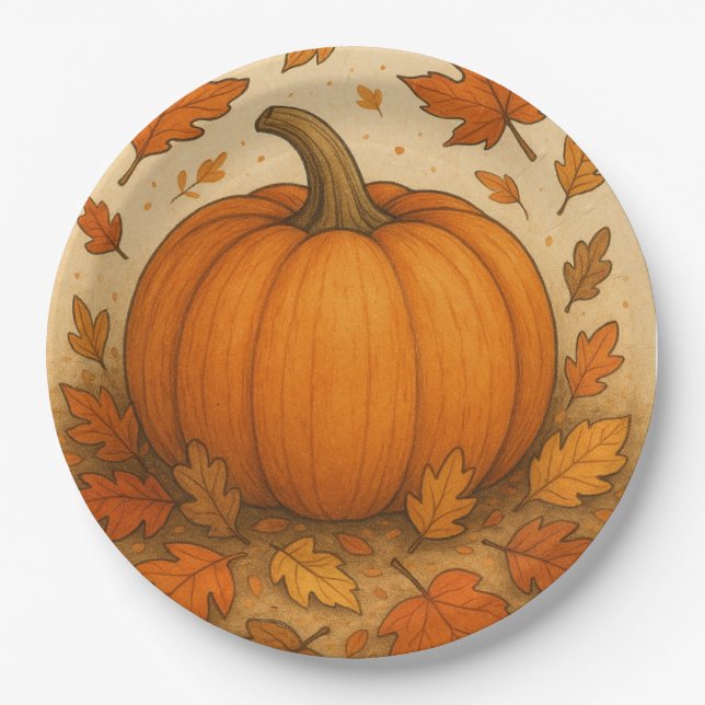 Plato De Papel Calabaza de Otoño Dorada y hojas de caída (Anverso)