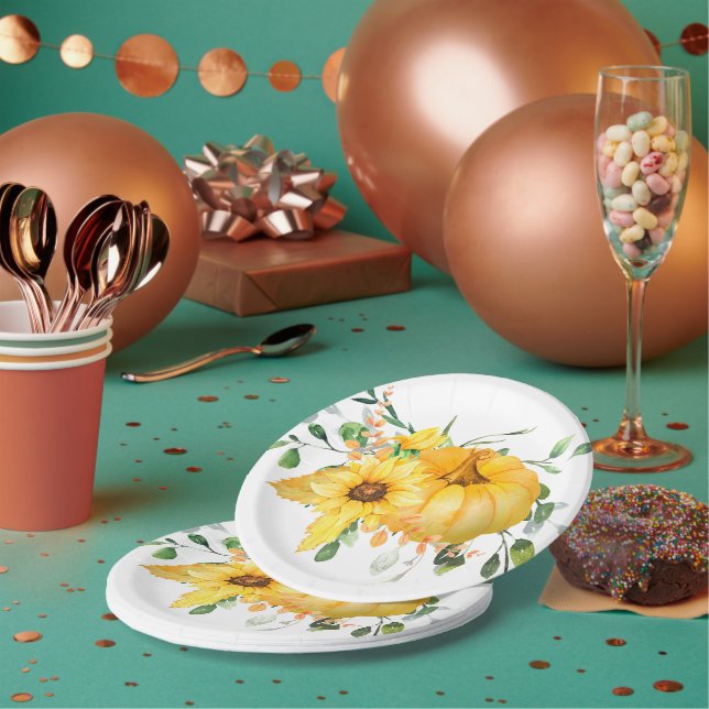 Plato De Papel Calabaza de otoño, girasoles y vegetación (Multi)