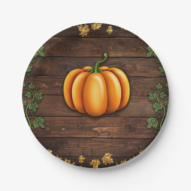 Plato De Papel Calabaza de otoño Rústico Oro Verde Ivy Otoño País (Anverso)