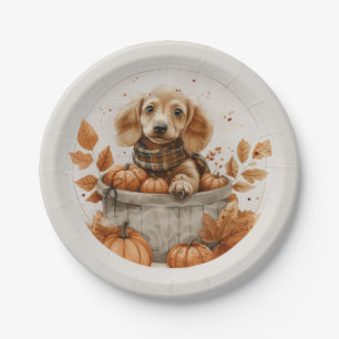 Plato De Papel Calabaza de perros Dachshund en otoño