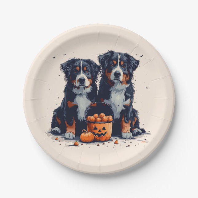 Plato De Papel Calabaza de perros de montaña de Halloween Bernese (Anverso)
