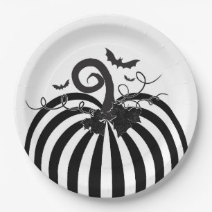 Plato De Papel Calabaza de rayas negras y blancas y murciélagos F