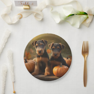 Plato De Papel Calabaza deslumbrante Airedale Puppy Autumn