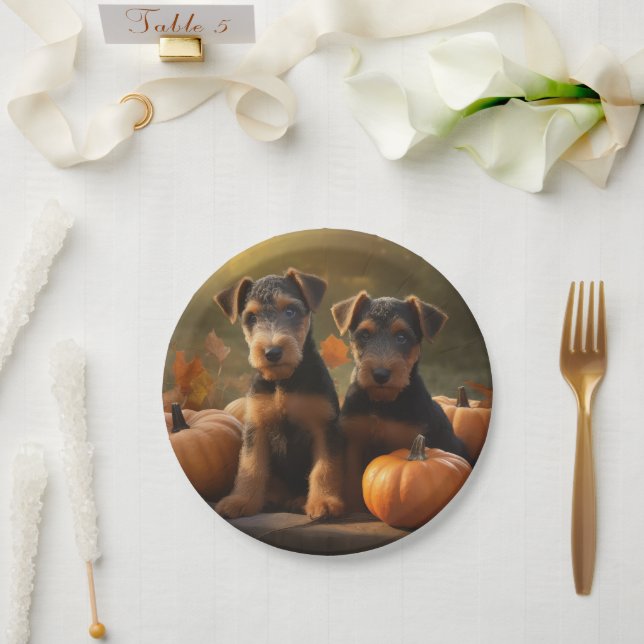 Plato De Papel Calabaza deslumbrante Airedale Puppy Autumn (Boda)