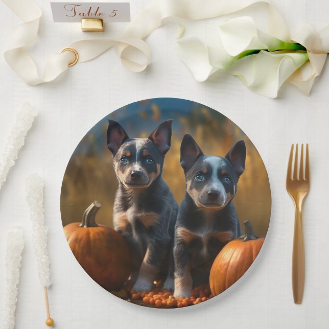 Plato De Papel Calabaza deslumbrante azul heeler pipa otoño (Boda)