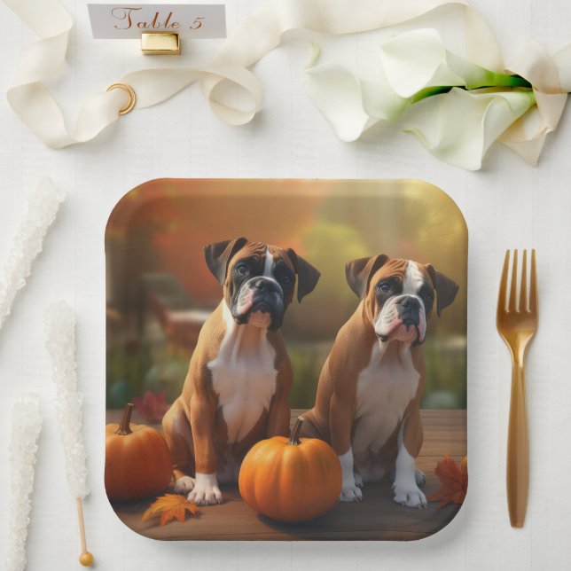 Plato De Papel Calabaza deslumbrante Boxer Puppy Autumn (Boda)