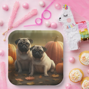 Plato De Papel Calabaza deslumbrante de la pug pipa otoño