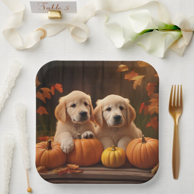 Plato De Papel Calabaza deslumbrante de otoño de Golden Retriever (Boda)