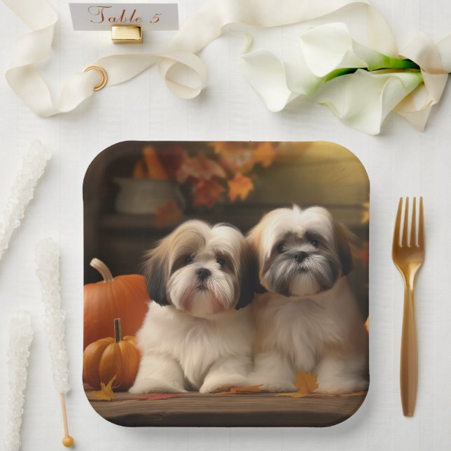 Plato De Papel Calabaza deslumbrante Lhasa Apso Puppy Autumn (Boda)