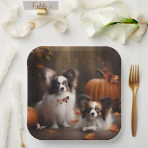 Plato De Papel Calabaza deslumbrante Papillon Puppy Autumn