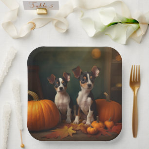 Plato De Papel Calabaza deslumbrante Rat Terrier Puppy Autumn