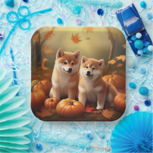 Plato De Papel Calabaza deslumbrante Shiba Inu Puppy Otoño