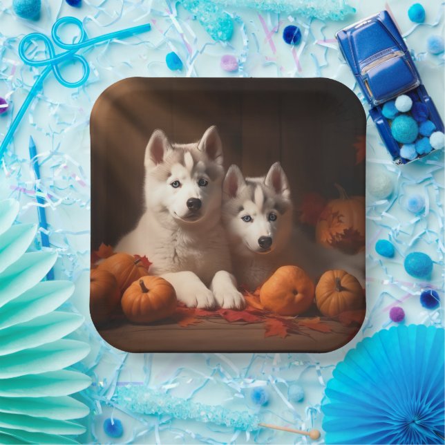 Plato De Papel Calabaza deslumbrante siberiana Husky Puppy otoño (Fiesta)