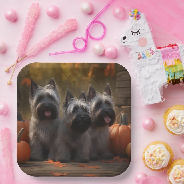 Plato De Papel Calabaza deslumbrante Skye Terrier Puppy Autumn (Fiesta)