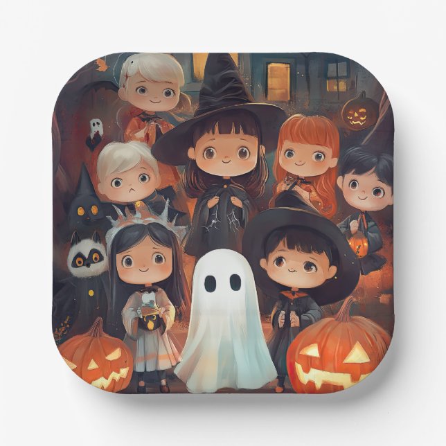 Plato De Papel Calabaza fantasma de los niños de Halloween retro  (Anverso)