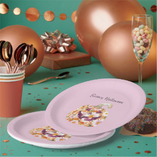 Plato De Papel Calabaza Floral Groovy Halloween