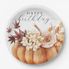 Plato De Papel Calabaza Floral Otoño Mujer Feliz Cumpleaños