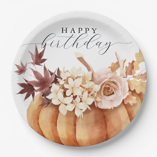 Plato De Papel Calabaza Floral Otoño Mujer Feliz Cumpleaños (Anverso)