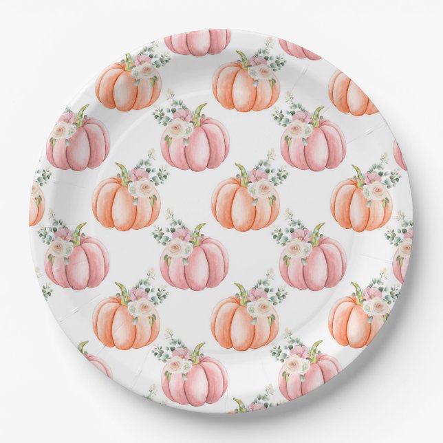 Plato De Papel Calabaza floral suave rosa y Naranja (Anverso)
