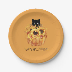 Plato De Papel Calabaza Gato Negro Halloween Naranja Placa de pap