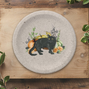 Plato De Papel Calabaza Gato Negro Otoño
