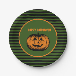 Plato De Papel Calabaza Jack-o'-lantern Naranja verde negro a ray