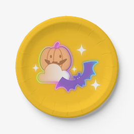 Plato De Papel Calabaza Kawaii y placa de papel para Bat Hallowee
