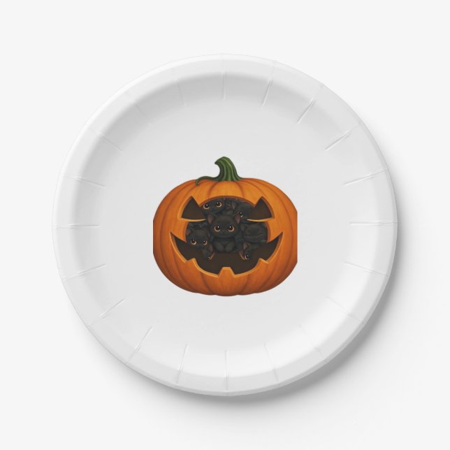 Plato De Papel Calabaza llena de gatitos - Halloween de felino ne (Anverso)