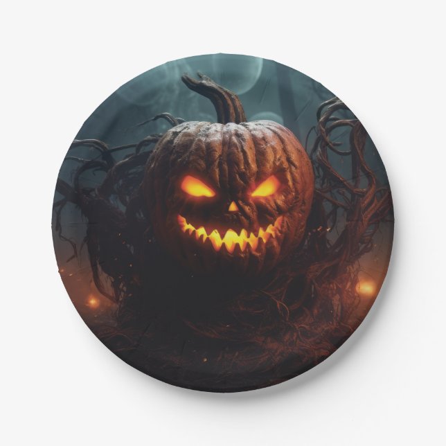 Plato De Papel Calabaza malvada (Anverso)