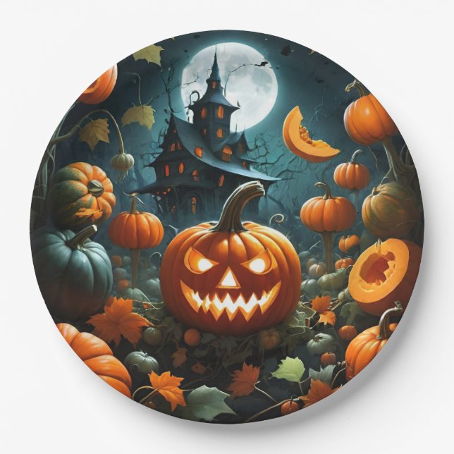 Plato De Papel Calabaza malvada (Anverso)
