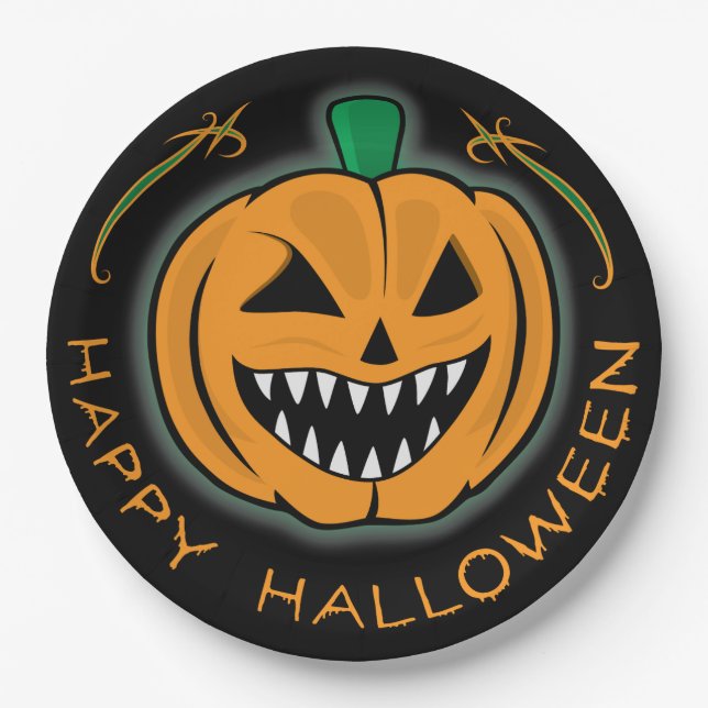 Plato De Papel Calabaza malvada (Anverso)