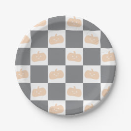 Plato De Papel Calabaza Naranja feliz con tablero de ajedrez