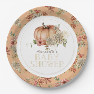 Plato De Papel Calabaza naranja y Baby Shower Dahlia blanca