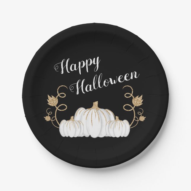 Plato De Papel Calabaza negra linda feliz Halloween (Anverso)
