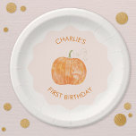 Plato De Papel Calabaza Otoño Otoño Primer cumpleaños<br><div class="desc">Una calabaza acuática sobre un fondo ondulado rosa rosa moderno para una fiesta de primer cumpleaños de otoño. Cambie el texto a personalizar. Arte original de Nic Squirrell.</div>