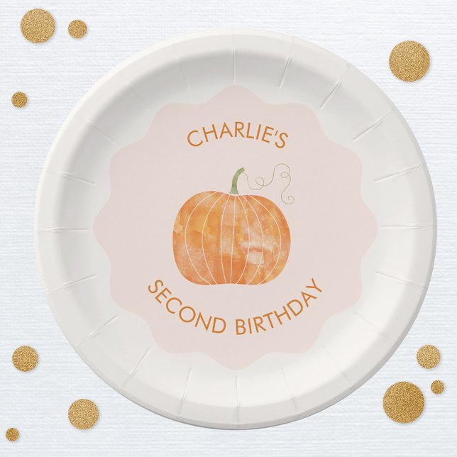 Plato De Papel Calabaza Otoño Otoño Segundo Cumpleaños (Little pumpkin personalized custom text second 2nd birthday party paper plates)