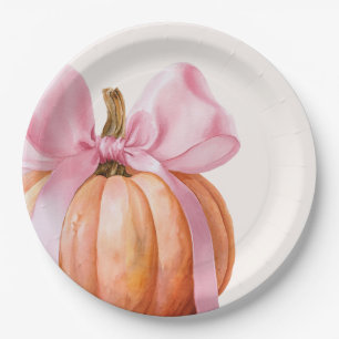 Plato De Papel Calabaza pequeña con arco rosado - Baby Shower