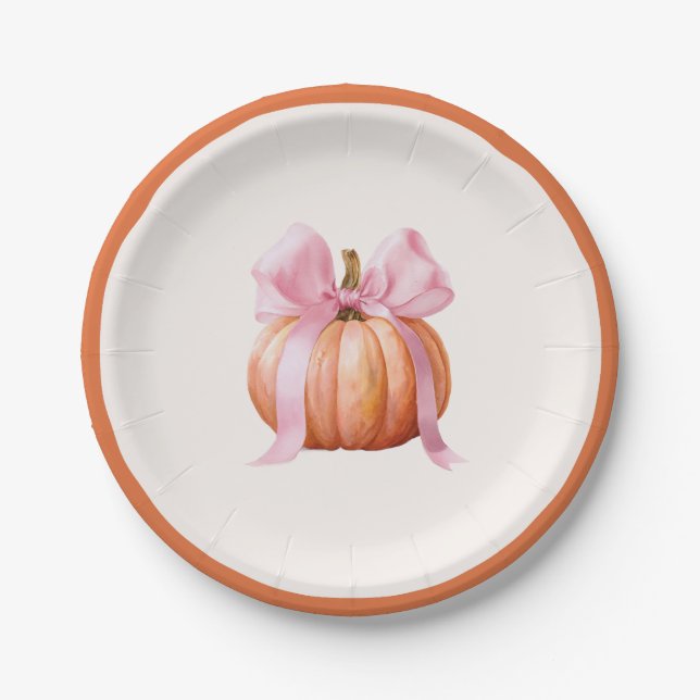 Plato De Papel Calabaza pequeña con arco rosado - Baby Shower (Anverso)