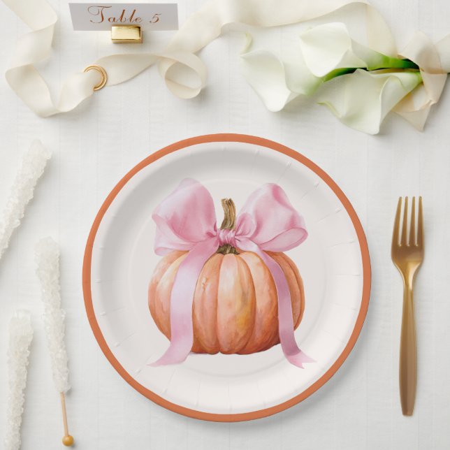 Plato De Papel Calabaza pequeña con arco rosado - Baby Shower (Boda)
