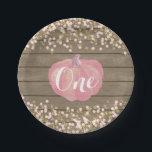 Plato De Papel Calabaza Primer Cumpleaños Placas de papel rosa y<br><div class="desc">Calabaza Cae Las Placas De Papel De Primer Cumpleaños. Fondo de Confetti Purpurina Rosa y Oro.</div>