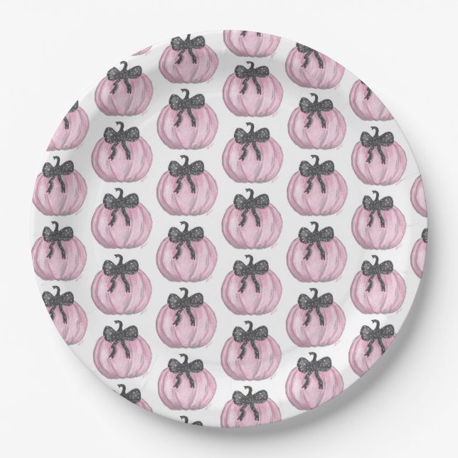 Plato De Papel Calabaza rosa con arco negro (Anverso)
