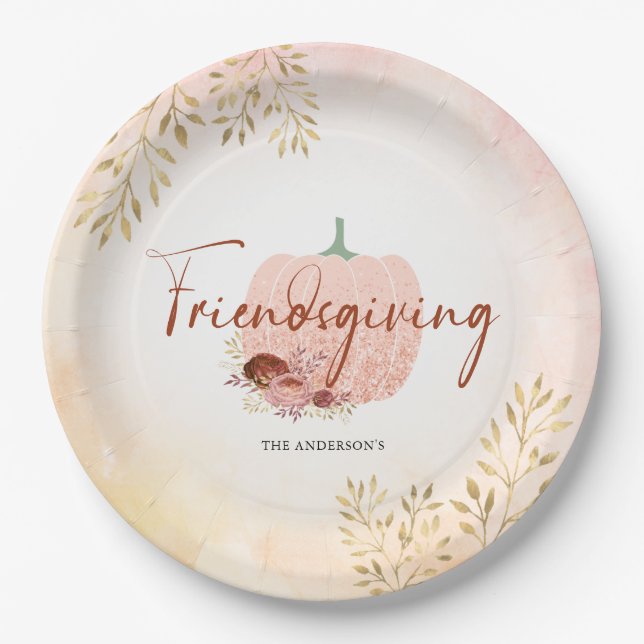 Plato De Papel Calabaza Rosa de Friendding Gold Purpurina (Anverso)