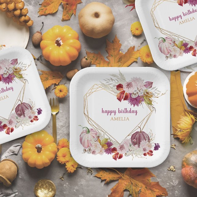 Plato De Papel Calabaza rosa Floral Rustica Feliz cumpleaños (rustic floral paper plates with gold geometric heart from the little pumpkin collection)