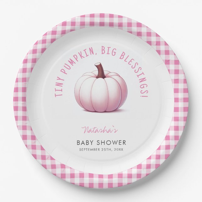 Plato De Papel Calabaza Rosa Gingham Plantar a la Niña Baby Showe (Anverso)